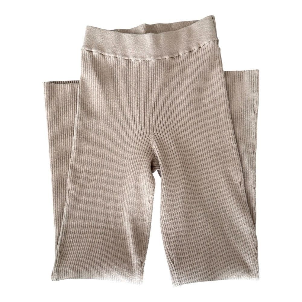 L'Academie Womens Knit Pants Ribbed Beige Flare Leg High Waist L